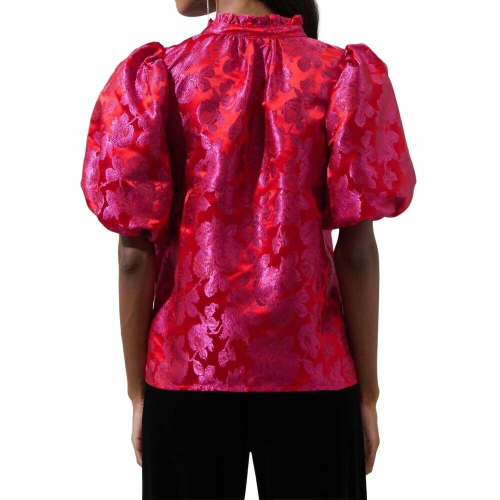 Sugarlips Red Pink Floral Jacquard Puff Sleeve Blouse - Picture 4 of 7